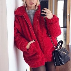 Anthro I AM GIA red teddy Sherpa jacket